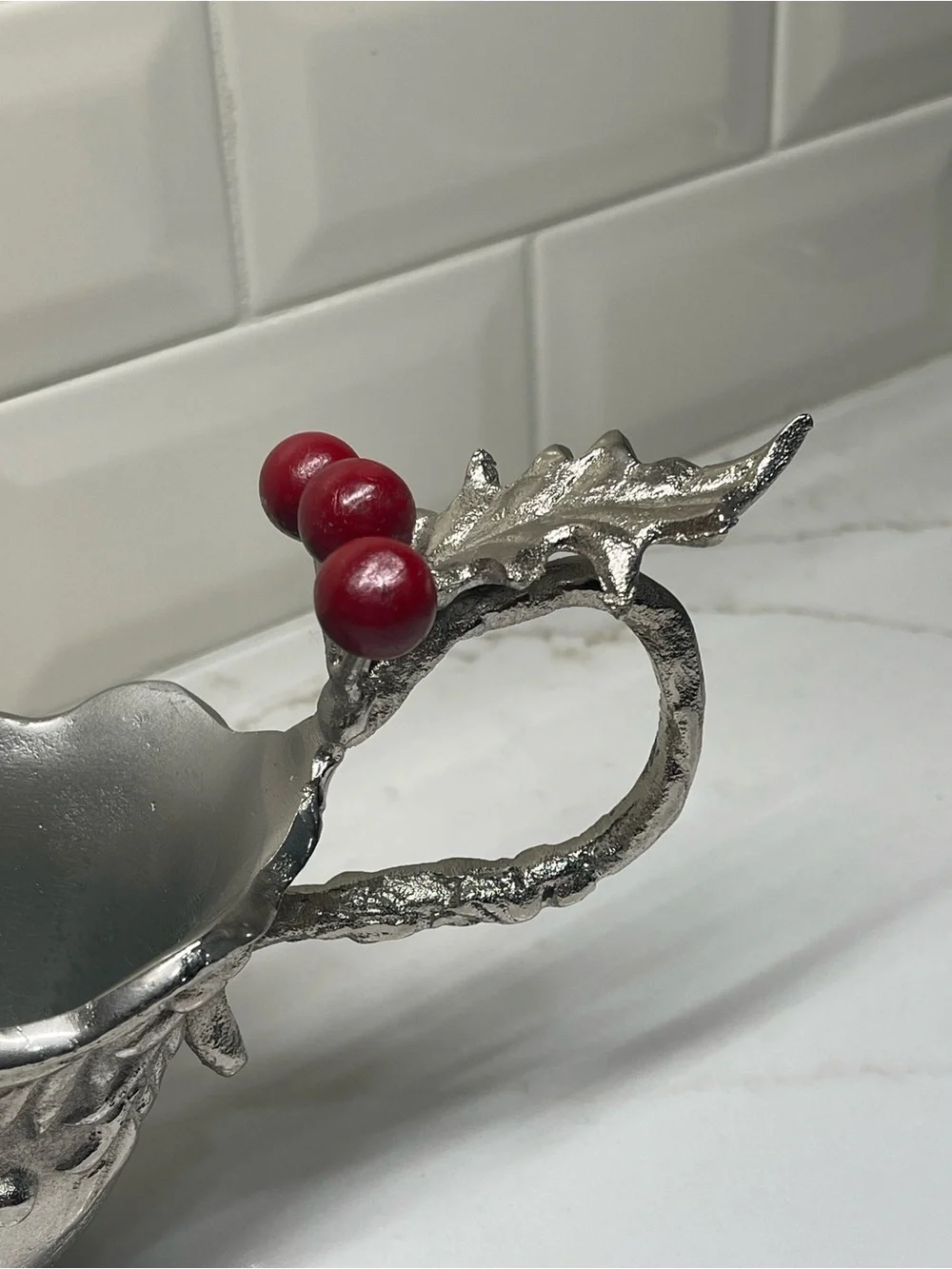 Gravy Boat -VTG- Silver - Metal - Holly Berry Christmas, Textured, 10Heavy Solid